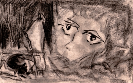 The face of the woman exhausted with a sleeplessness  The cat sleeps, behind a window the street lantern burnsの写真素材