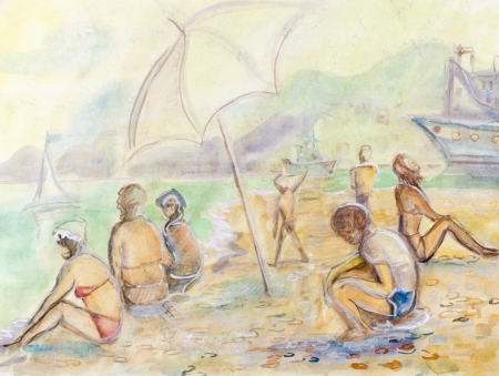 Summer sea beach with sunbathing peopleの写真素材