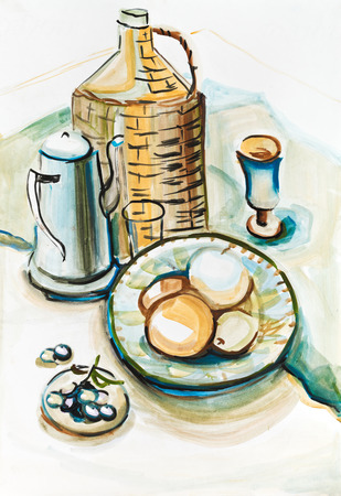 Still life with a wattled bottle and fruitsの写真素材
