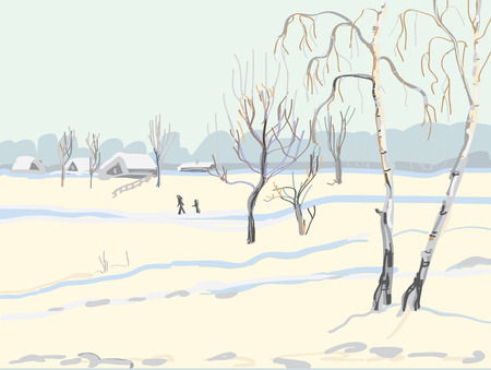 Cloudy winter day River In distance houses, covered in snowのイラスト素材