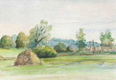 Summer day, stacks on field. In distance forestの写真素材