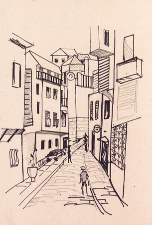 Street in ancient town, view from windowsの写真素材