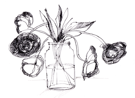 bouquet of tulips in glass bankの写真素材