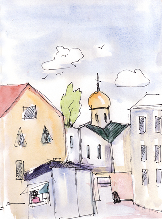 Instant sketch,  watercolor landscapeの写真素材