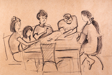 Instant sketch, group of people playing board game, coal on kraftの写真素材
