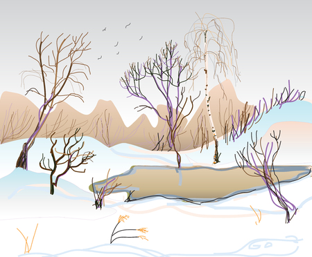 Rural winter landscape with pondのイラスト素材