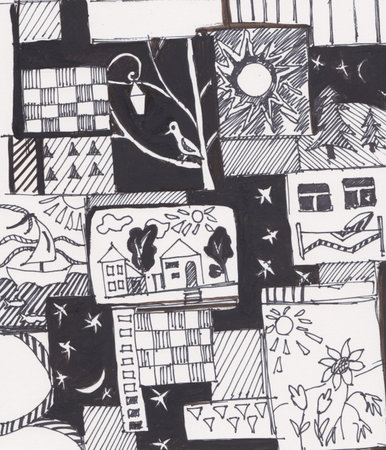 mosaic black and white painting consisting from little picture for various motives