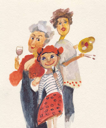 watercolor portrait, family of tree womenの写真素材