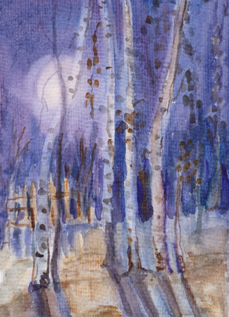 mystery of the moonlit night watercolor paintingの写真素材