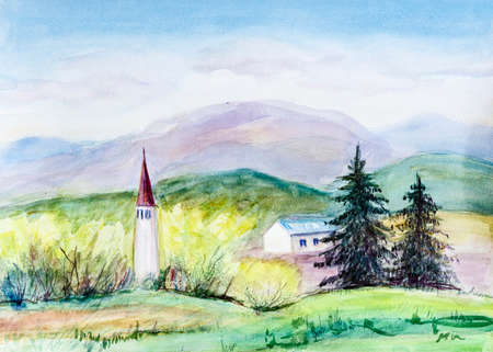 Panorama of high mountains in Iceland, watercolor drawingの写真素材