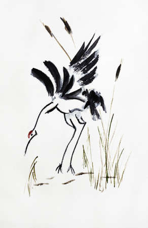 lonely stork in cane painting in chinese styleの写真素材