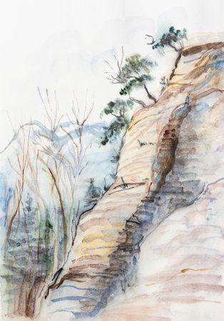 high mountains and spruce, painting in chinese styleの写真素材