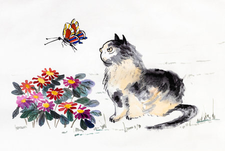 fluffy cat watching a butterfly, watercolor drawingの写真素材