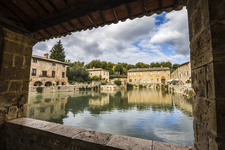Ancient thermal baths in the medieval village of Bagno Vignoni in Tuscany, Italyの写真素材