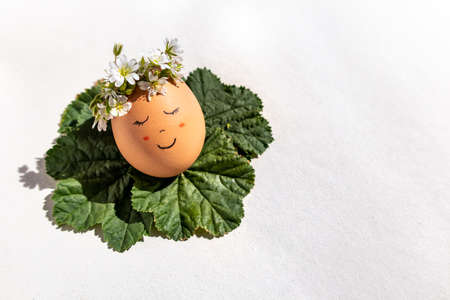 A smiling egg for an Easter and Spring concept. An egg with a smiling face and a flower wreath enjoying the spring sunshine on mallow leaves.の写真素材