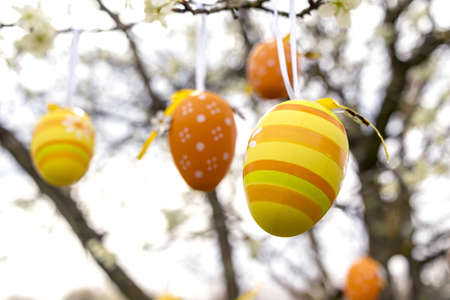 Happy Easter! Easter decorated eggs. Garden tree set up with multicolored Easter eggs.の写真素材