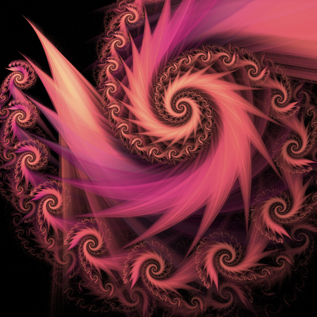 Abstract multicolored spiral on black background. Creative fractal design in beige, rose and violet colors.の写真素材