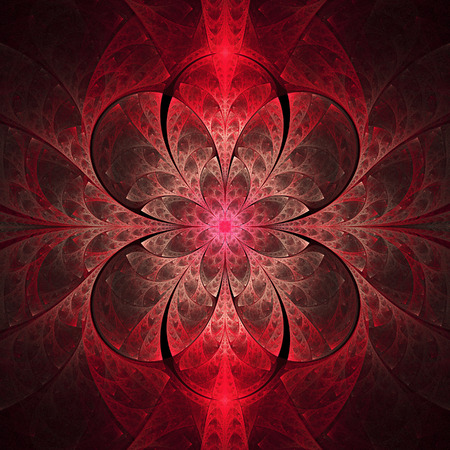 Abstract glowing stained glass with floral pattern on black background. Creative fractal design in red and rose colors.の写真素材