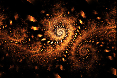 Abstract fantasy orange swirly ornament on black background. Creative fractal design for greeting cards or t-shirts.の写真素材