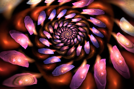 Abstract colorful pink, purple and orange flower on black background. Fantasy fractal design for...
