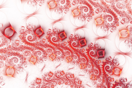 Abstract intricate swirly ornament on white background.Fantasy fractal design in bright pink and red colors.の写真素材