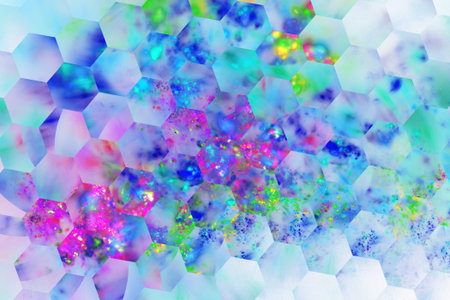 Abstract transparent shapes on white background. Fantasy hexagonal fractal texture in neon blue,...