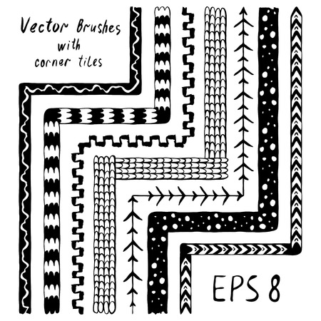 Set of decorative pattern brushes with inner and outer corner tiles. Hand drawn ink illustration.のイラスト素材