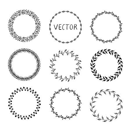 Set of hand-drawn round frames. Ink illustration.のイラスト素材