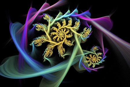 Magic spiral flowers. Abstract fractal design in blue, pink, green and yellow colors.の写真素材