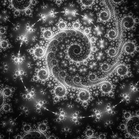Abstract fantasy glowing spiral on black background. Computer-generated fractal in grey, black and white colors.の写真素材