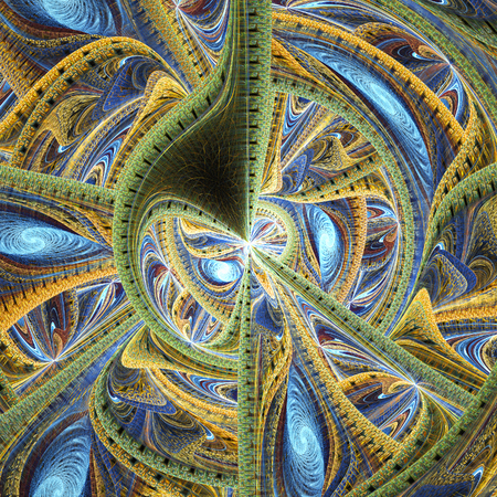 Beautiful landscape. Abstract fantasy shapes. Computer-generated fractal in yellow, blue, green and brown colors.の写真素材