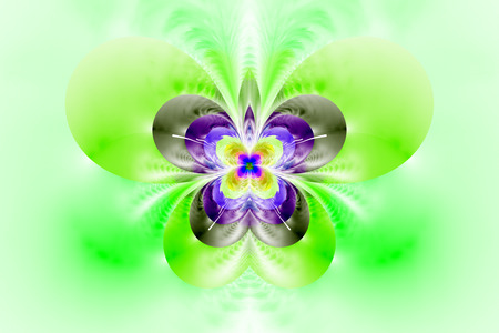 Abstract exotic flower on white background. Symmetrical pattern in bright green, grey and purple colors. Fantasy fractal design for posters, wallpapers or t-shirts. Digital art. 3D rendering.の写真素材