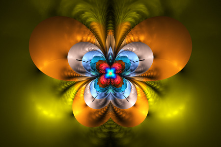 Abstract exotic flower on black background. Symmetrical pattern in bright orange, yellow, red and blue colors. Fantasy fractal design for posters, wallpapers or t-shirts. Digital art. 3D rendering.の写真素材
