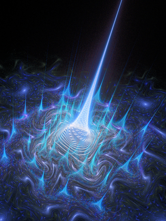 Abstract fantasy spurts of flame on black background. Computer-generated fractal in bright blue and grey colors.の写真素材