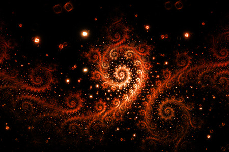 Abstract intricate swirly ornament on black background.Fantasy fractal design in bright orange colors. Digital art. 3D rendering.の写真素材