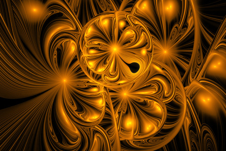 Stylized golden flowers. Abstract intricate ornament on black background. Fantasy detailed fractal texture. Digital art. 3D rendering.の写真素材