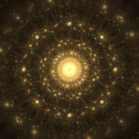 Abstract golden ornament on black background. Symmetric fractal mandala in yellow and orange colors. Creative design for wallpapers or textile. Digital art. 3D rendering.の写真素材