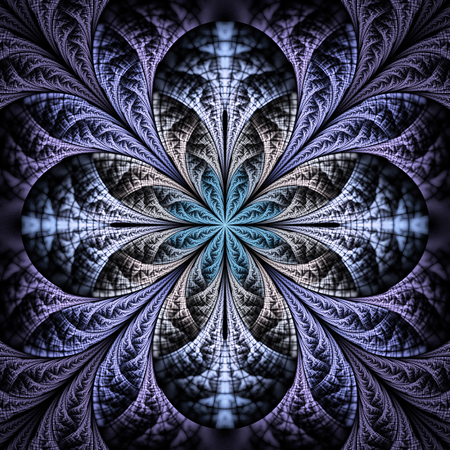 Exotic flower. Abstract grey and purple mandala on black background. Fantasy mosaic fractal design for posters or t-shirts. Digital art. 3D rendering.の写真素材
