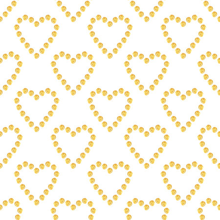 Abstract hand painted golden acrylic hearts on white background. Seamless pattern for wallpapers or textile. Minimalistic design.の写真素材