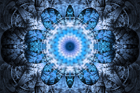 Abstract mandala on black background. Intricate symmetrical pattern in blue and white colors. Fantasy fractal design for posters, postcards, wallpapers or t-shirts. Digital art. 3D rendering.の写真素材