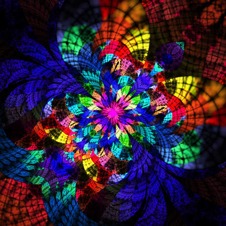 Abstract psychedelic floral ornament on black background. Fantasy fractal design. Digital art. 3D rendering.の写真素材