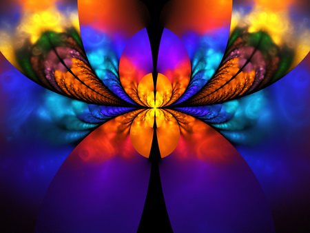 Abstract exotic flower on black background. Fantasy fractal design in orange, pink, purple and blue colors. Psychedelic digital art. 3D rendering.の写真素材