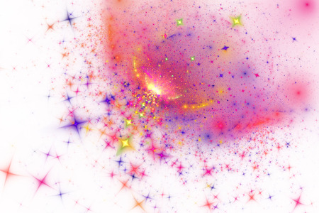 Abstract blue, pink and orange sparkles on white background. Fantasy fractal art. 3D rendering.の写真素材