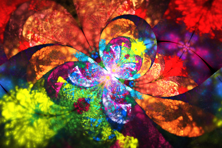 Abstract exotic flower. Fantasy fractal background. Digital artwork in red, yellow, pink, green and blue colors. 3D rendering.の写真素材