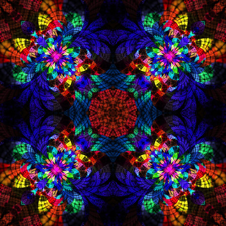 Abstract seamless psychedelic floral ornament on black background. Fantasy fractal design. Digital art. 3D rendering.の写真素材