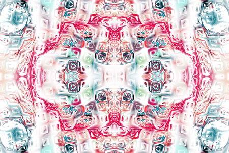 Abstract intricate symmetrical ornament in blue, grey and crimson colors. Seamless fractal texture....
