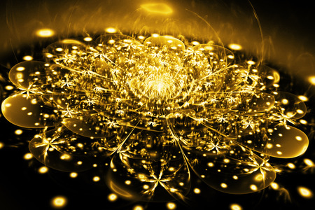 Abstract exotic flower with glowing sparkles on black background. Fantasy fractal design in golden colors. Psychedelic digital art. 3D rendering.の写真素材
