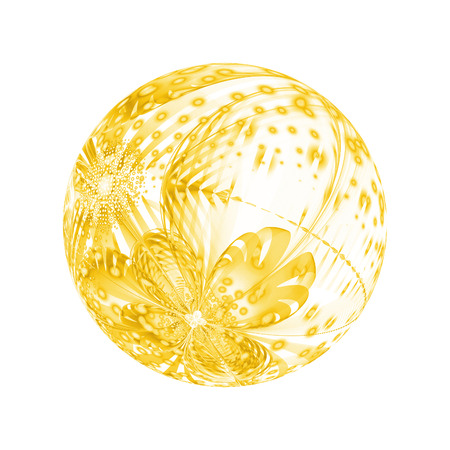 Abstract ornamented sphere with flowers and dots on white background. Fantasy fractal design in yellow colors. Psychedelic digital art. 3D rendering.の写真素材