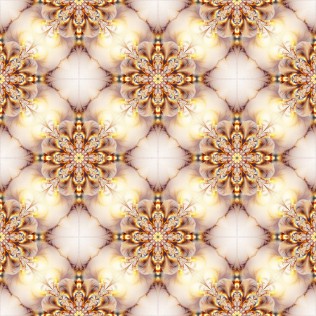 Exotic flowers in golden and grey colors. Abstract seamless pattern on white background. Fantasy fractal art. 3D rendering.の写真素材