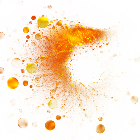 Fiery splash. Abstract glowing golden sparks and bubbles on white background. Digital fractal art. 3D rendering.の写真素材